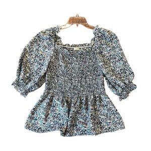 Max Studio blue floral smocked puff sleeve blouse small